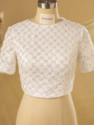 Cierra Modest Plaid Beaded Bridal Top with Short Sleeves